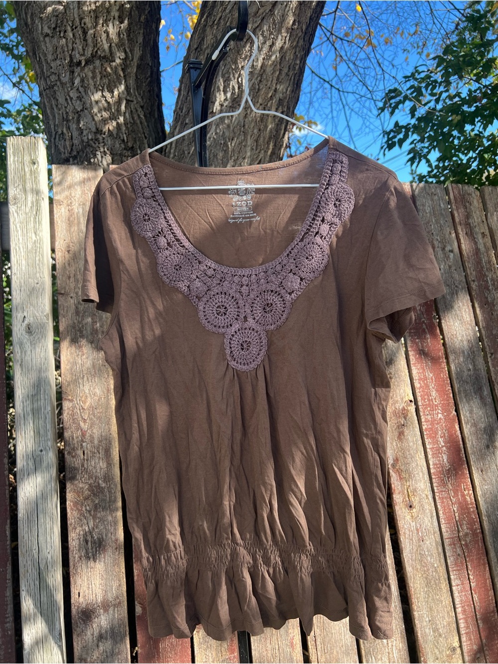 Y2k Women's Brown Crochet-Trim Short Sleeve Top